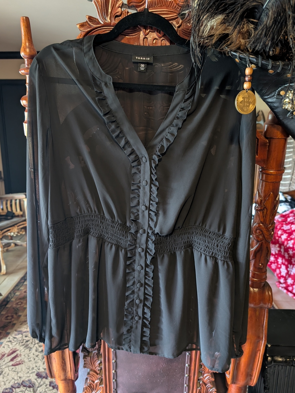 Torrid Black Ruffled Button-Front Sheer Peplum Blouse